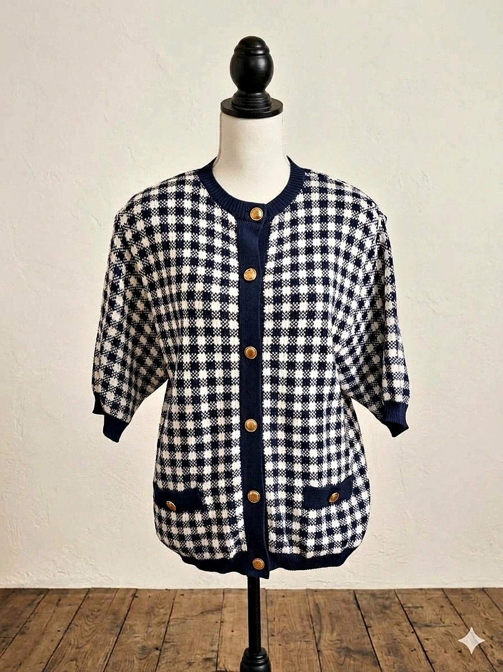 Country Sophisticates Checkered Cotton Cardigan in Blue & White Like New